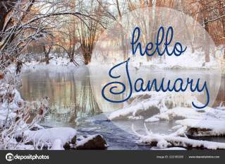 HELLO JANUARY greeting card. Winter holidays concept